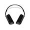 Schwarzer Kopfhörer, frontal und leicht von oben fotografiert, auf weißem Hintergrund.