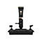 Schwarzer Joystick, silberne Details, mit Knöpfen, Hebeln und Skalen. Auf weißem Hintergrund.