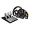 Ein Lenkrad- und Pedalsystem für Gaming, in Schwarz und Grau. Pedale mit Muster, Lenkrad mit gelben Akzenten, Bildschirm mit Anzeige.