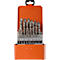 A drill bit box containing various drill bits in an orange box. The sizes of the drill bits are indicated on the box.