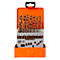Orange metal box with drill bit set. The drill bits are arranged and labeled in various sizes.