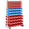A shelf with red and blue storage boxes.