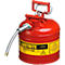 Red Justrite safety can with yellow label and metal spout.