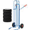 A blue tire cart with four tires, against a white background.