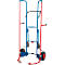Blue and red stair climber hand truck, on white background. Wheels, handle, and brackets.