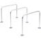 Gray metal bicycle racks, arranged in a triple row, with round base plates, in front of a white background.
