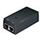 Ein rechteckiger, dunkelgrauer PoE-Adapter. Auf der Oberseite befindet sich ein Einschalt-Symbol und ein Logo. Auf der Vorderseite stehen die Bezeichnungen POE und LAN.