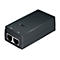 Ein schwarzer PoE-Adapter mit LAN- und PoE-Anschlüssen, einem Ein/Aus-Symbol und dem Logo des Herstellers.