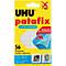 Yellow UHU patafix package. The text 'UHU patafix transparent' is visible, with 56 adhesive pads underneath. With example images of the application.