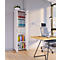 White filing cabinet with open doors. Shelves filled with folders, books, and a plant.