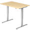 A height-adjustable desk with a light brown tabletop and a silver frame.