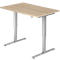 Light brown, height-adjustable desk with silver legs. Control panel on the tabletop.