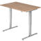 A height-adjustable desk. Wooden tabletop, silver frame, rectangular shape.