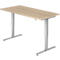 A height-adjustable desk. Light brown tabletop on silver legs, clean lines.