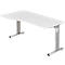 A white, height-adjustable desk with a curved tabletop and silver legs.