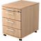 Light brown rolling file cabinet with three drawers, silver handles and lock.