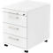 White, mobile file cabinet with three drawers and silver handles. Black castors.