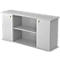 Grey sideboard with two doors and gold-colored handles. Open compartment with two shelves.