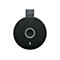 Schwarzer, runder Bluetooth-Lautsprecher, obenliegende Bedienelemente. Mit Trageschlaufe.