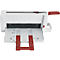 White, open cutting device with red accents. Paper output in front, red lever on the side.