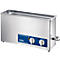 Ultrasonic bath with silver housing, blue control panel and two knobs.