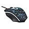 Schwarze Gaming-Maus mit blauem Rissmuster und LED-Beleuchtung vor weißem Hintergrund.