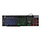 Schwarze Ultron Gaming-Tastatur mit QWERTZ-Layout und bunter RGB-Hintergrundbeleuchtung vor weißem Hintergrund.