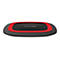 Flache, schwarze Qi-Ladestation mit rotem Akzentring und RealPower-Logo.
