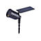 Schwarzer Solar-Laserprojektor mit Erdspieß und oben angebrachtem Solarpanel vor weißem Hintergrund.