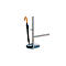 Gray umbrella stand with umbrella. The umbrella has a curved wooden handle. The stand is made of metal.