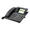 Graues Tischtelefon mit Display. Auf dem Bildschirm eine Kontaktliste. HÃ¶rer liegt daneben.