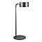 Lampadaire gris avec socle rond et abat-jour cylindrique.