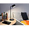 Eine schwarze Tischlampe beleuchtet eine Nachttischszene. Auf dem Tisch liegen ein Smartphone und eine Pflanze.