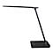 Zwarte bureaulamp met rechthoekige voet en lange, verstelbare arm. Kleine knoppen en symbolen staan op de voet.