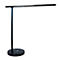 Schlanke, schwarze LED-Schreibtischlampe mit rundem Standfuß vor weißem Hintergrund.