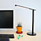 Moderne, schwarze LED-Schreibtischleuchte auf einem Bürotisch neben einem Monitor und einer Topfpflanze.