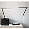 Zwei minimalistische, schwarze LED-Lampen stehen auf einem Sideboard neben einer Stereoanlage und einem Plattenspieler.