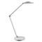 Schlanke, moderne LED-Schreibtischlampe in Weiß mit verstellbarem Gelenkarm und rundem Leuchtenkopf.