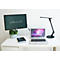 Moderner Schreibtisch mit Laptop, Monitor, Schreibtischlampe, Pflanze und Notizbuch vor einer weißen Wand.