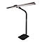 Schwarze Stehlampe mit LED-Lichtleiste, gebogenem Arm, digitaler Steuerung und quadratischem Standfuss.
