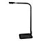 Eine schwarze, gebogene Schreibtischlampe mit quadratischem Standfuss und LED-Leuchte.