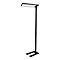 Lampadaire gris avec luminaire rectangulaire. La base est en forme de U. L'abat-jour est lumineux.