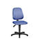 Blue office chair with black base and backrest, against a white background.