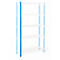 Shelf with four white shelves and blue struts on a white background.