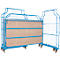 Blue roll container with wire mesh sides and wheels, unfolded in two sections.