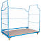 Blue trolley with wire mesh walls and castors. A beige base plate provides a storage surface.
