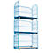Blue rolling storage rack with three levels and grid walls.