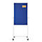 Blue pinboard display with a yellow note that says "pinboard". On white stand with rollers.