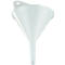 White plastic funnel, with handle and rounded opening.