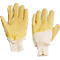 Two yellow work gloves lying next to each other. The palms are yellow, the cuffs are white.